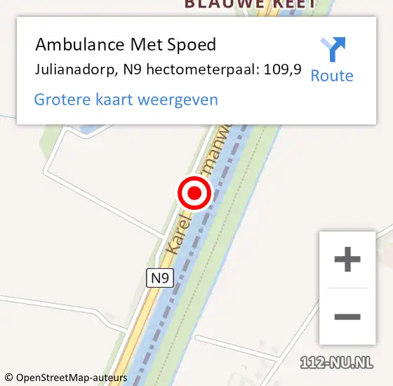 Locatie op kaart van de 112 melding: Ambulance Met Spoed Naar Julianadorp, N9 hectometerpaal: 109,9 op 9 mei 2019 08:06