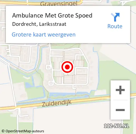 Locatie op kaart van de 112 melding: Ambulance Met Grote Spoed Naar Dordrecht, Lariksstraat op 11 mei 2019 11:34
