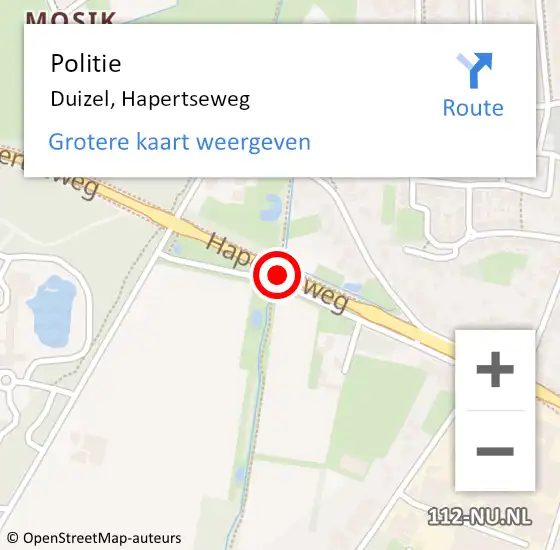 Locatie op kaart van de 112 melding: Politie Duizel, Hapertseweg op 12 mei 2019 11:19