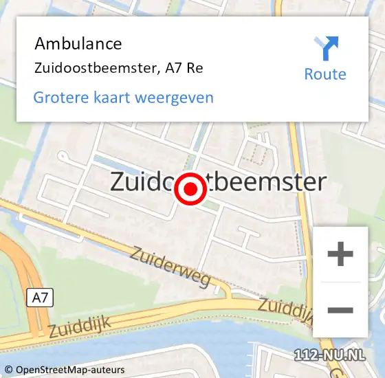 Locatie op kaart van de 112 melding: Ambulance Zuidoostbeemster, A7 Li op 13 mei 2019 07:58