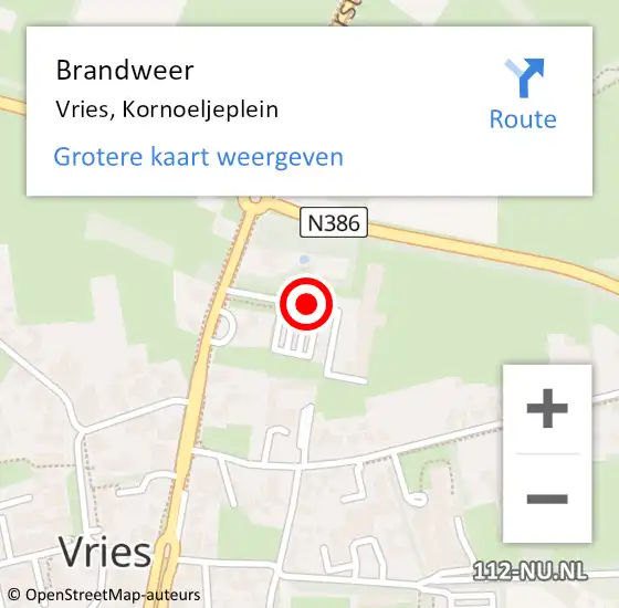 Locatie op kaart van de 112 melding: Brandweer Vries, Kornoeljeplein op 14 mei 2019 12:22