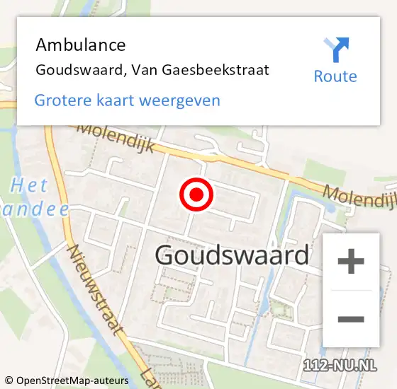 Locatie op kaart van de 112 melding: Ambulance Goudswaard, Van Gaesbeekstraat op 14 mei 2019 16:52