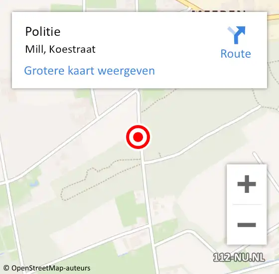 Locatie op kaart van de 112 melding: Politie Mill, Koestraat op 15 mei 2019 13:39