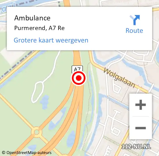Locatie op kaart van de 112 melding: Ambulance Purmerend, A7 Re op 15 mei 2019 15:31