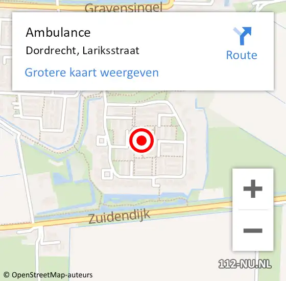 Locatie op kaart van de 112 melding: Ambulance Dordrecht, Lariksstraat op 19 mei 2019 21:26