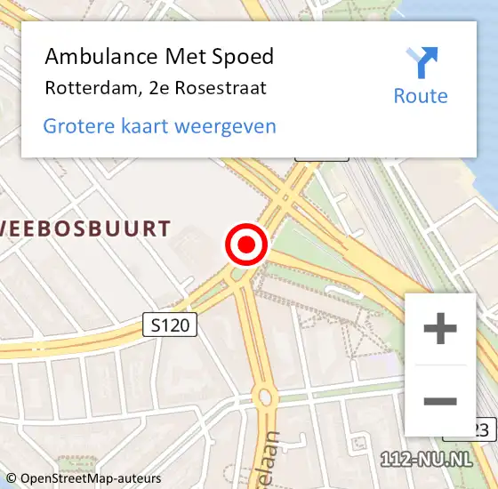 Locatie op kaart van de 112 melding: Ambulance Met Spoed Naar Rotterdam, 2e Rosestraat op 20 mei 2019 00:01
