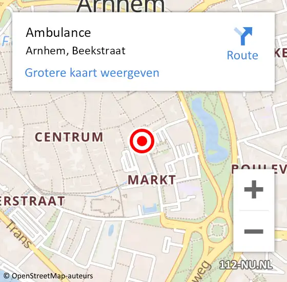 Locatie op kaart van de 112 melding: Ambulance Arnhem, Beekstraat op 20 mei 2019 19:35