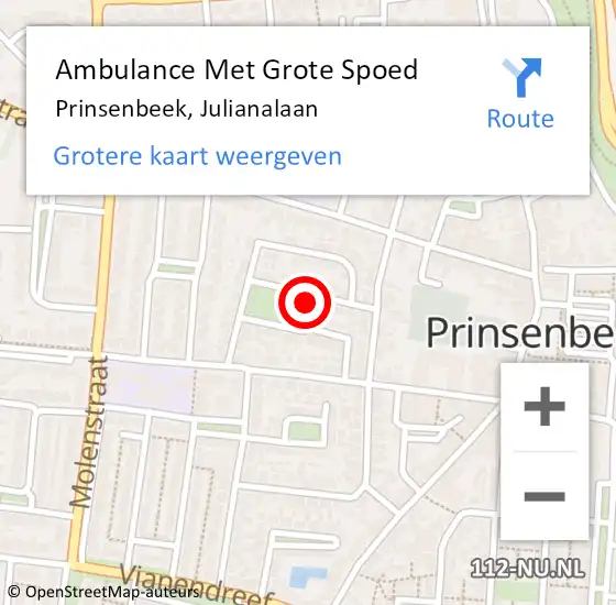 Locatie op kaart van de 112 melding: Ambulance Met Grote Spoed Naar Prinsenbeek, Julianalaan op 23 mei 2019 17:52