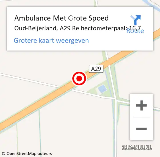 Locatie op kaart van de 112 melding: Ambulance Met Grote Spoed Naar Oud-Beijerland, A29 Re hectometerpaal: 16,7 op 24 mei 2019 18:33