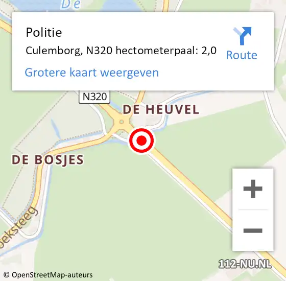 Locatie op kaart van de 112 melding: Politie Culemborg, N320 hectometerpaal: 2,0 op 27 mei 2019 07:23
