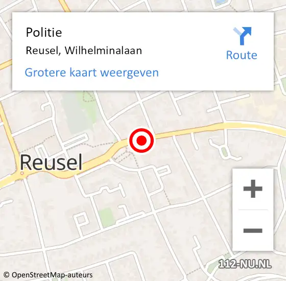 Locatie op kaart van de 112 melding: Politie Reusel, Wilhelminalaan op 27 mei 2019 14:01