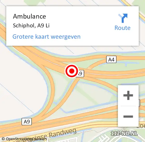 Locatie op kaart van de 112 melding: Ambulance Schiphol, A9 Li op 28 mei 2019 15:53