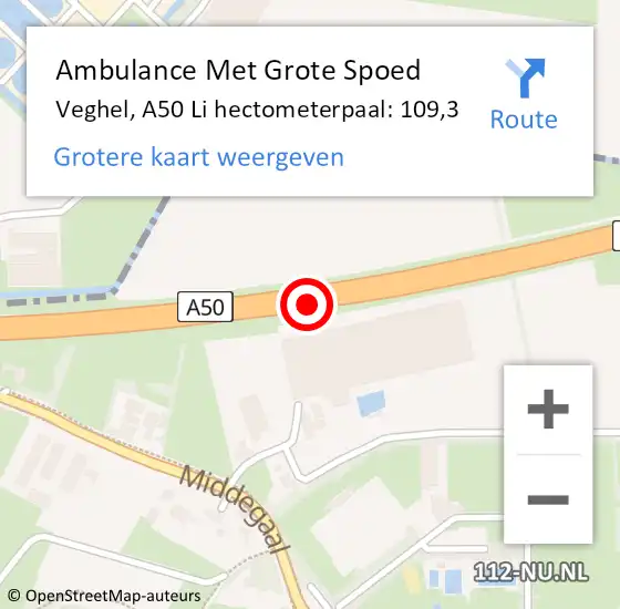 Locatie op kaart van de 112 melding: Ambulance Met Grote Spoed Naar Veghel, A50 Li hectometerpaal: 109,3 op 29 mei 2019 01:52