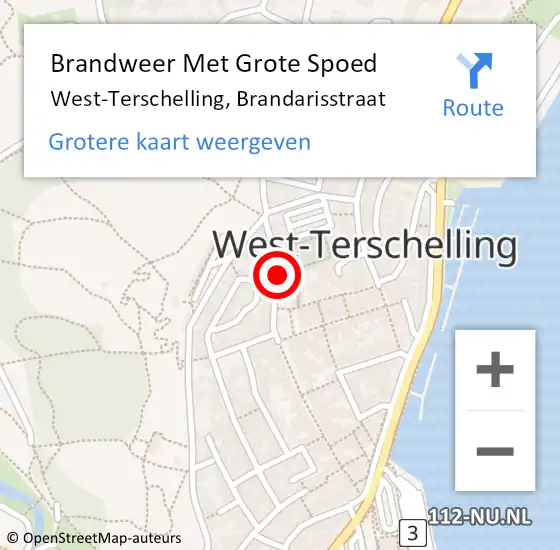 Locatie op kaart van de 112 melding: Brandweer Met Grote Spoed Naar West-Terschelling, Brandarisstraat op 31 mei 2019 05:01