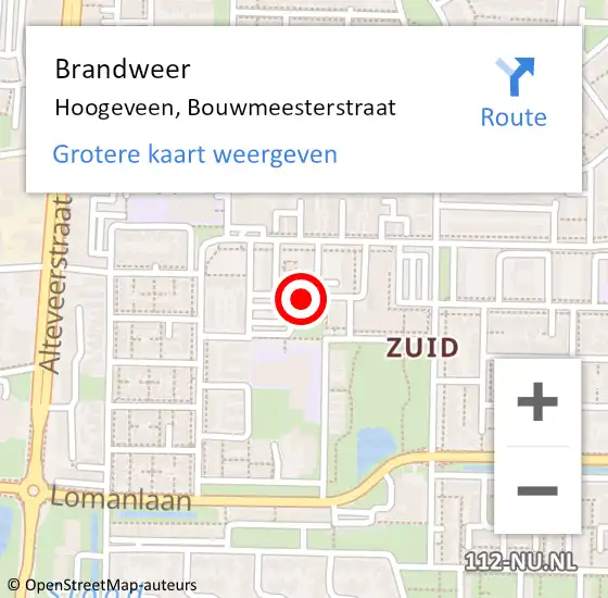 Locatie op kaart van de 112 melding: Brandweer Hoogeveen, Bouwmeesterstraat op 1 juni 2019 10:29