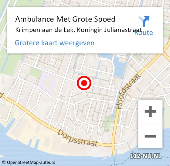 Locatie op kaart van de 112 melding: Ambulance Met Grote Spoed Naar Krimpen aan de Lek, Koningin Julianastraat op 1 juni 2019 12:06