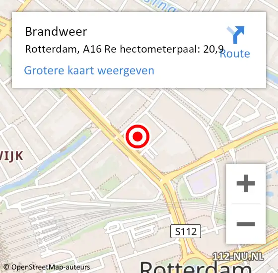 Locatie op kaart van de 112 melding: Brandweer Rotterdam, A16 Re hectometerpaal: 20,9 op 3 juni 2019 06:15