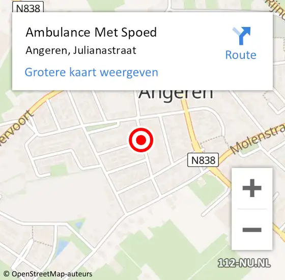 Locatie op kaart van de 112 melding: Ambulance Met Spoed Naar Angeren, Julianastraat op 5 juni 2019 11:02