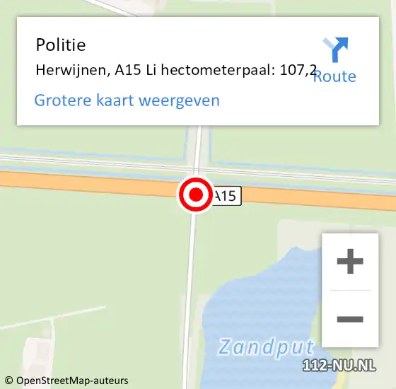 Locatie op kaart van de 112 melding: Politie Herwijnen, A15 R hectometerpaal: 109,5 op 7 juni 2019 07:43