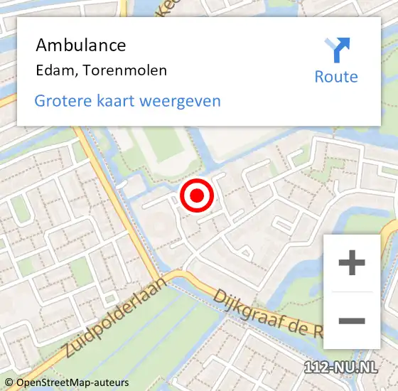 Locatie op kaart van de 112 melding: Ambulance Edam, Torenmolen op 7 juni 2019 12:34