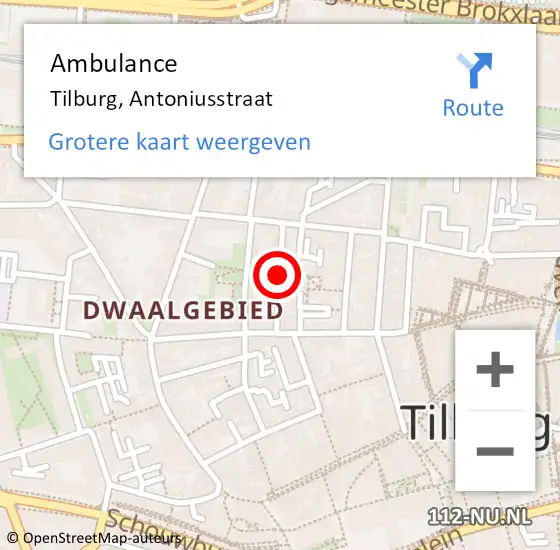 Locatie op kaart van de 112 melding: Ambulance Tilburg, Antoniusstraat op 7 juni 2019 12:42