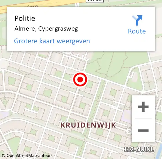 Locatie op kaart van de 112 melding: Politie Almere, Cypergrasweg op 7 juni 2019 18:23