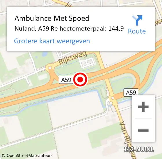 Locatie op kaart van de 112 melding: Ambulance Met Spoed Naar Nuland, A59 Re hectometerpaal: 144,9 op 8 juni 2019 13:10