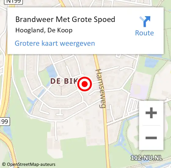 Locatie op kaart van de 112 melding: Brandweer Met Grote Spoed Naar Hoogland, De Koop op 9 juni 2019 04:09