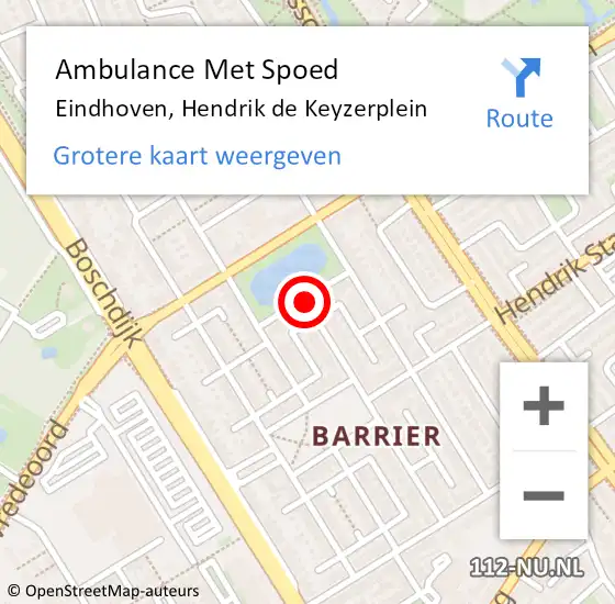 Locatie op kaart van de 112 melding: Ambulance Met Spoed Naar Eindhoven, Hendrik de Keyzerplein op 9 juni 2019 21:28