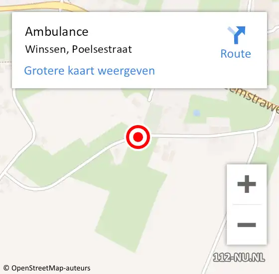 Locatie op kaart van de 112 melding: Ambulance Winssen, Poelsestraat op 10 juni 2019 18:19