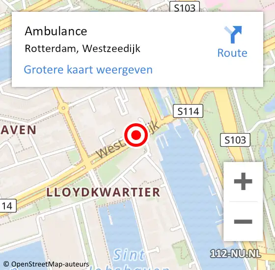 Locatie op kaart van de 112 melding: Ambulance Rotterdam, Westzeedijk op 11 juni 2019 12:39