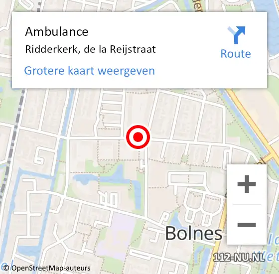 Locatie op kaart van de 112 melding: Ambulance Ridderkerk, de la Reijstraat op 11 juni 2019 13:48