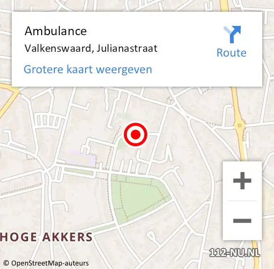 Locatie op kaart van de 112 melding: Ambulance Valkenswaard, Julianastraat op 12 juni 2019 13:04