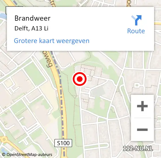 Locatie op kaart van de 112 melding: Brandweer Delft, A13 Li op 12 juni 2019 20:03