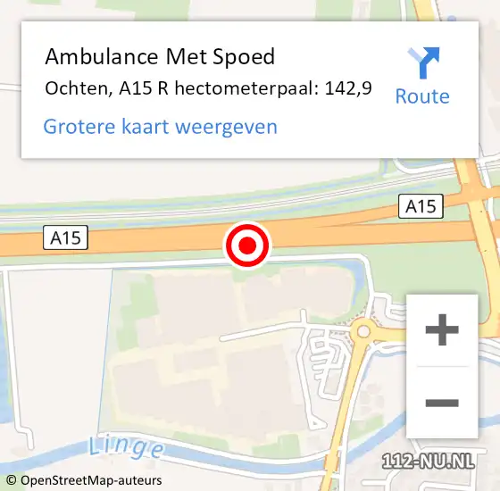 Locatie op kaart van de 112 melding: Ambulance Met Spoed Naar Ochten, A15 R hectometerpaal: 142,9 op 14 juni 2019 16:38