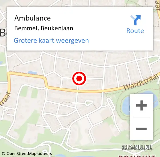 Locatie op kaart van de 112 melding: Ambulance Bemmel, Beukenlaan op 14 juni 2019 17:50