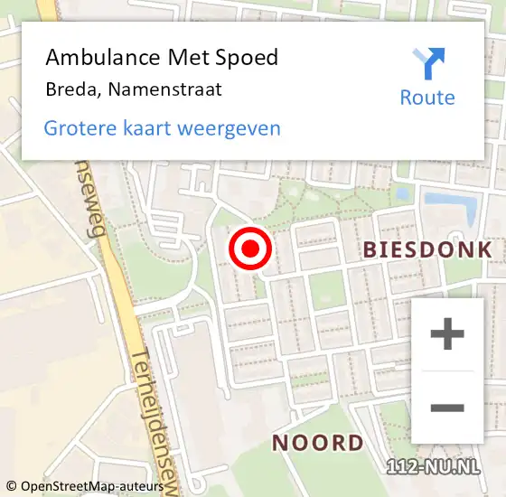 Locatie op kaart van de 112 melding: Ambulance Met Spoed Naar Breda, Namenstraat op 15 juni 2019 05:05