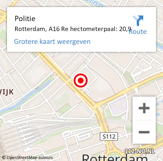 Locatie op kaart van de 112 melding: Politie Rotterdam, A16 Re hectometerpaal: 20,9 op 15 juni 2019 18:34