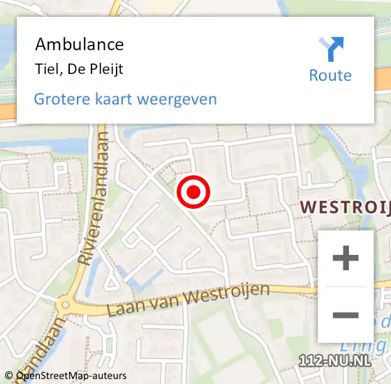 Locatie op kaart van de 112 melding: Ambulance Tiel, De Pleijt op 17 juni 2019 13:06