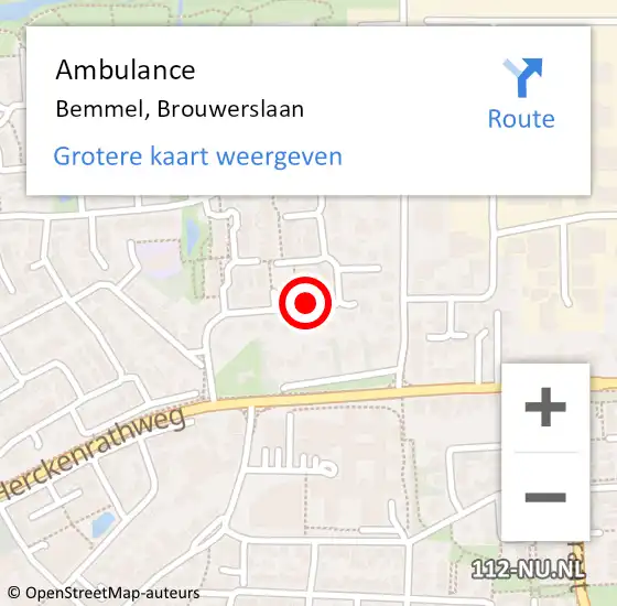 Locatie op kaart van de 112 melding: Ambulance Bemmel, Brouwerslaan op 18 juni 2019 13:08