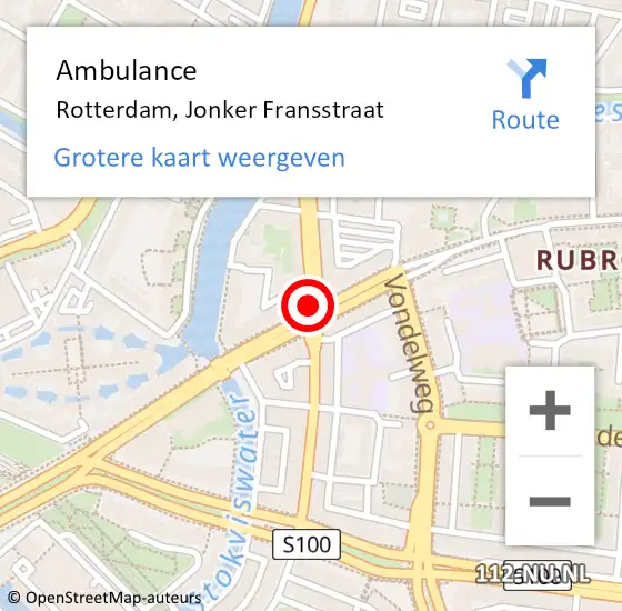 Locatie op kaart van de 112 melding: Ambulance Rotterdam, Jonker Fransstraat op 18 juni 2019 14:52