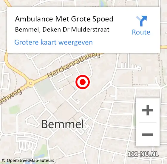 Locatie op kaart van de 112 melding: Ambulance Met Grote Spoed Naar Bemmel, Deken Dr Mulderstraat op 18 juni 2019 21:13