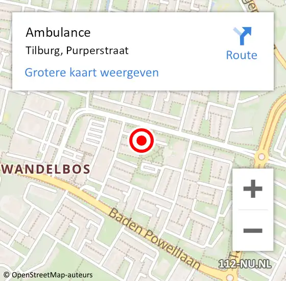 Locatie op kaart van de 112 melding: Ambulance Tilburg, Purperstraat op 20 juni 2019 16:06