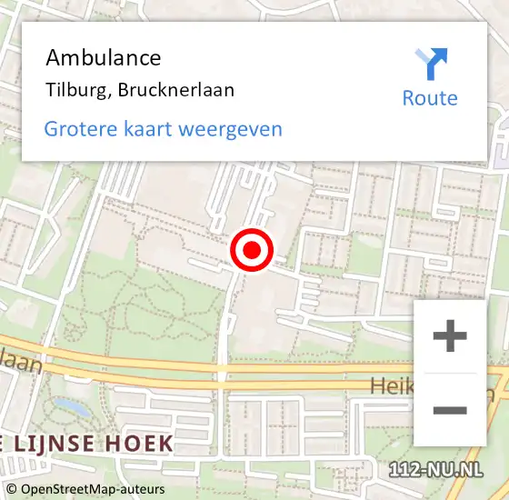 Locatie op kaart van de 112 melding: Ambulance Tilburg, Brucknerlaan op 20 juni 2019 16:57