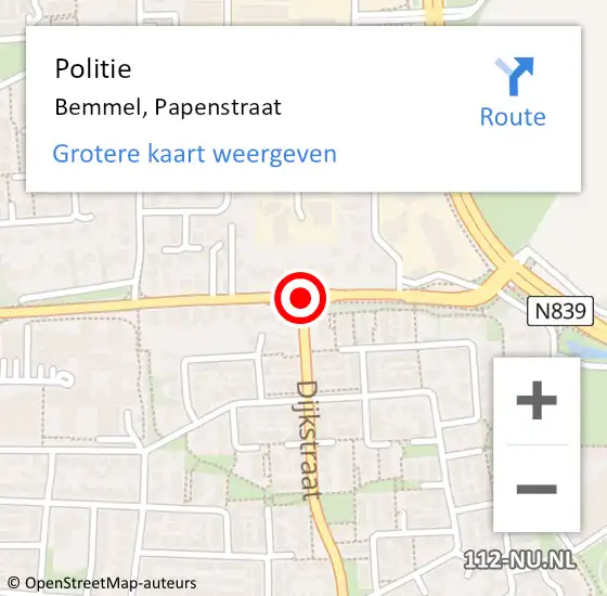 Locatie op kaart van de 112 melding: Politie Bemmel, Papenstraat op 22 juni 2019 04:28