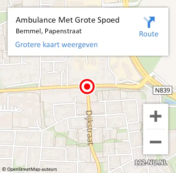 Locatie op kaart van de 112 melding: Ambulance Met Grote Spoed Naar Bemmel, Papenstraat op 22 juni 2019 04:40