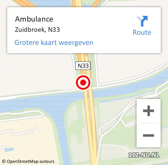 Locatie op kaart van de 112 melding: Ambulance Zuidbroek, N33 op 22 juni 2019 14:38