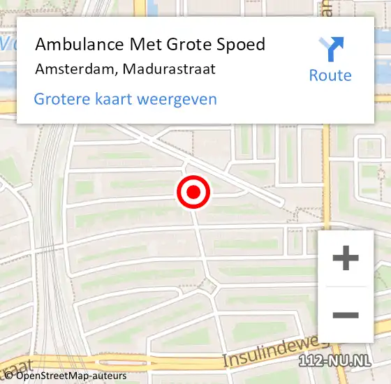 Locatie op kaart van de 112 melding: Ambulance Met Grote Spoed Naar Amsterdam, Madurastraat op 26 juni 2019 05:49