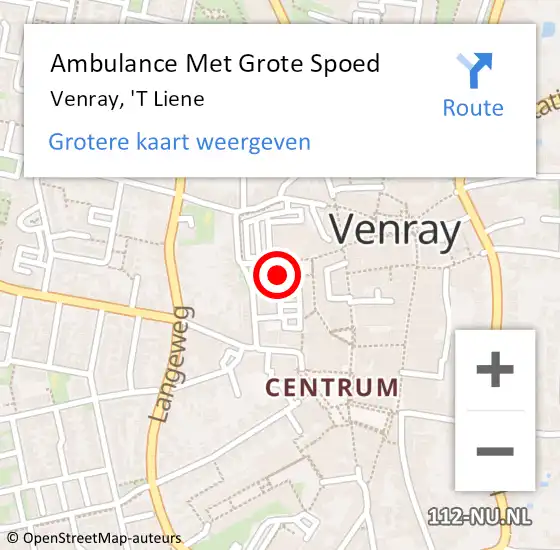 Locatie op kaart van de 112 melding: Ambulance Met Grote Spoed Naar Venray, 'T Liene op 1 juli 2019 14:10