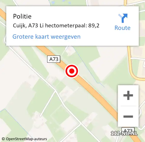 Locatie op kaart van de 112 melding: Politie Cuijk, A73 Li hectometerpaal: 89,2 op 5 juli 2019 14:26